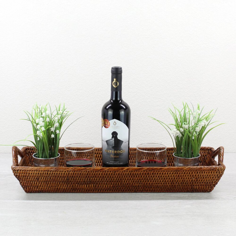 NEW Handwoven Long Large Rattan Serving Tray with Handles- Red Brown